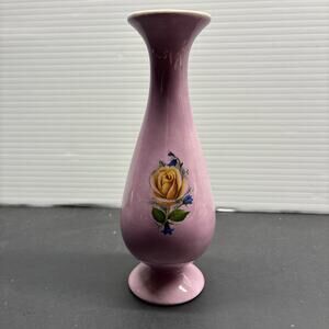 Vintage 1972 Handcrafted Bud Vase Pink Floral Ceramic Yellow Rose Cottage Chic
